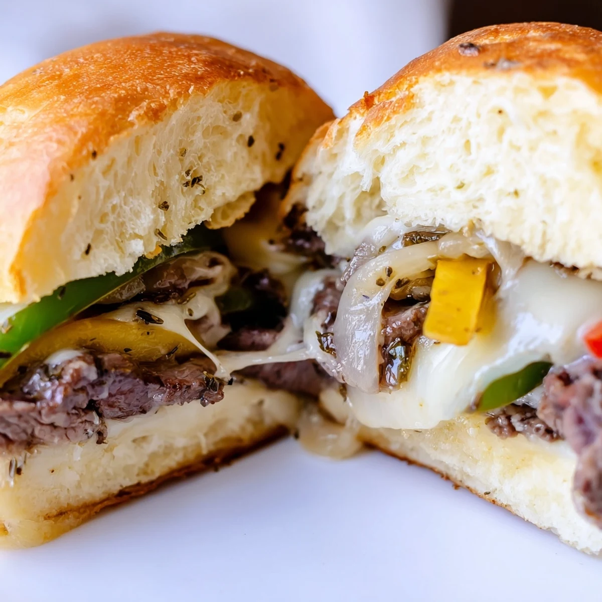 Golden-brown MVP Philly Cheesesteak Sliders fresh from the oven, with melted provolone oozing between soft Hawaiian rolls and savory ribeye steak.