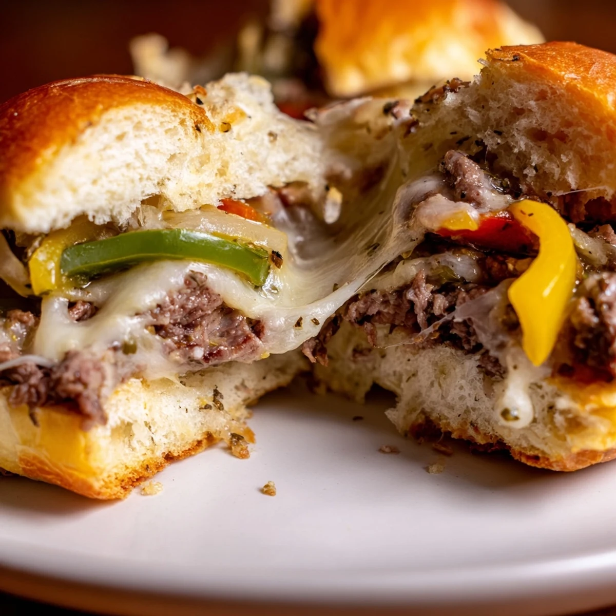 Close-up view of open-faced MVP Philly Cheesesteak Sliders, showcasing tender beef, sautéed peppers, onions, and gooey cheese on fluffy rolls.