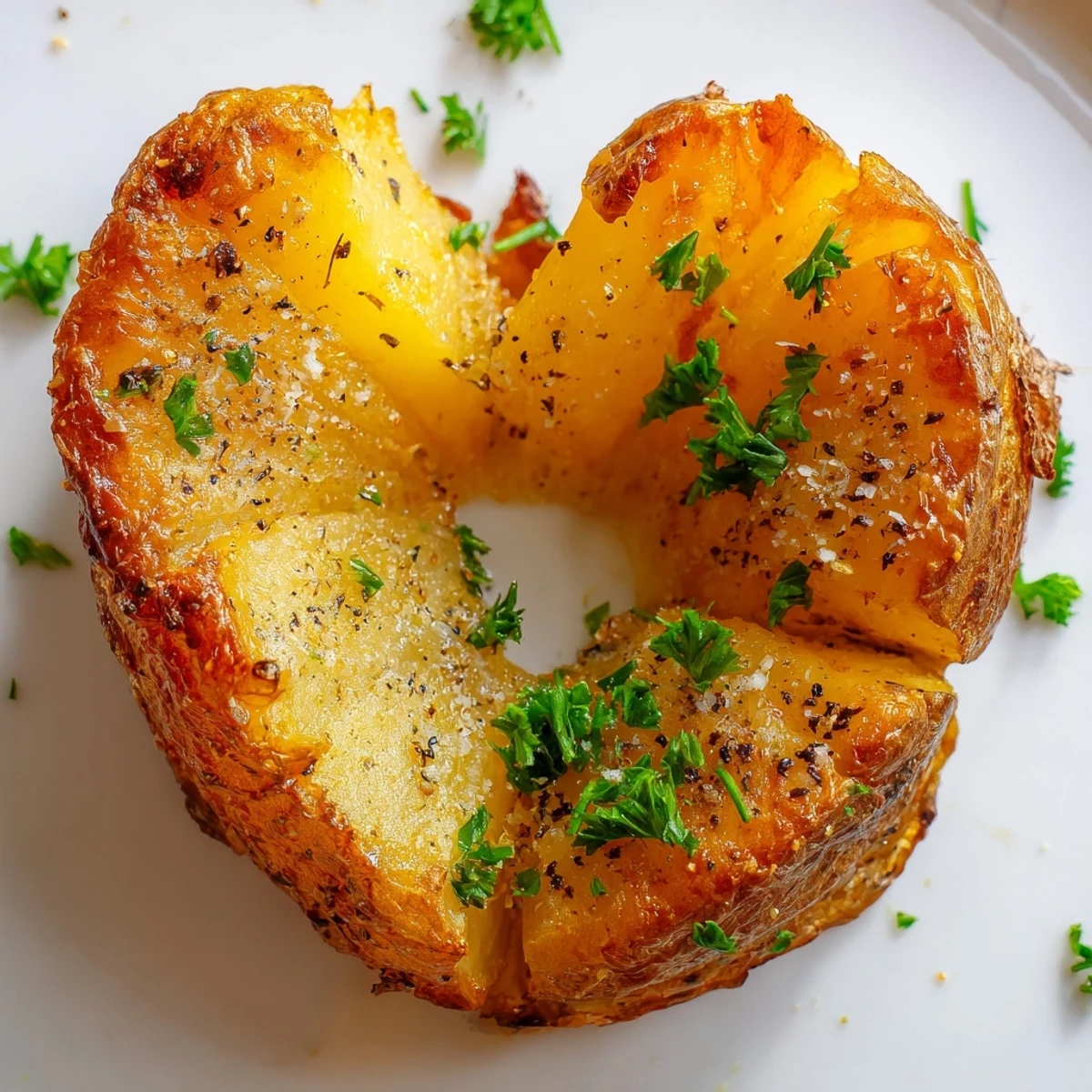 Golden brown, heart-shaped roasted potatoes seasoned with garlic and thyme, served on a rustic platter. 