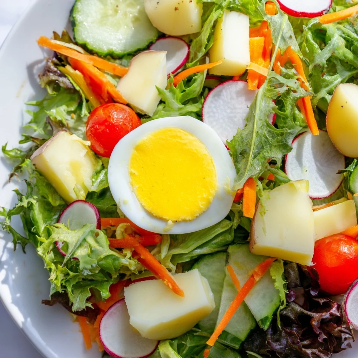 A close-up of an Irish Pub Salad with Hard Boiled Eggs, featuring halved eggs, sharp cheddar, and colorful vegetables on a rustic platter.