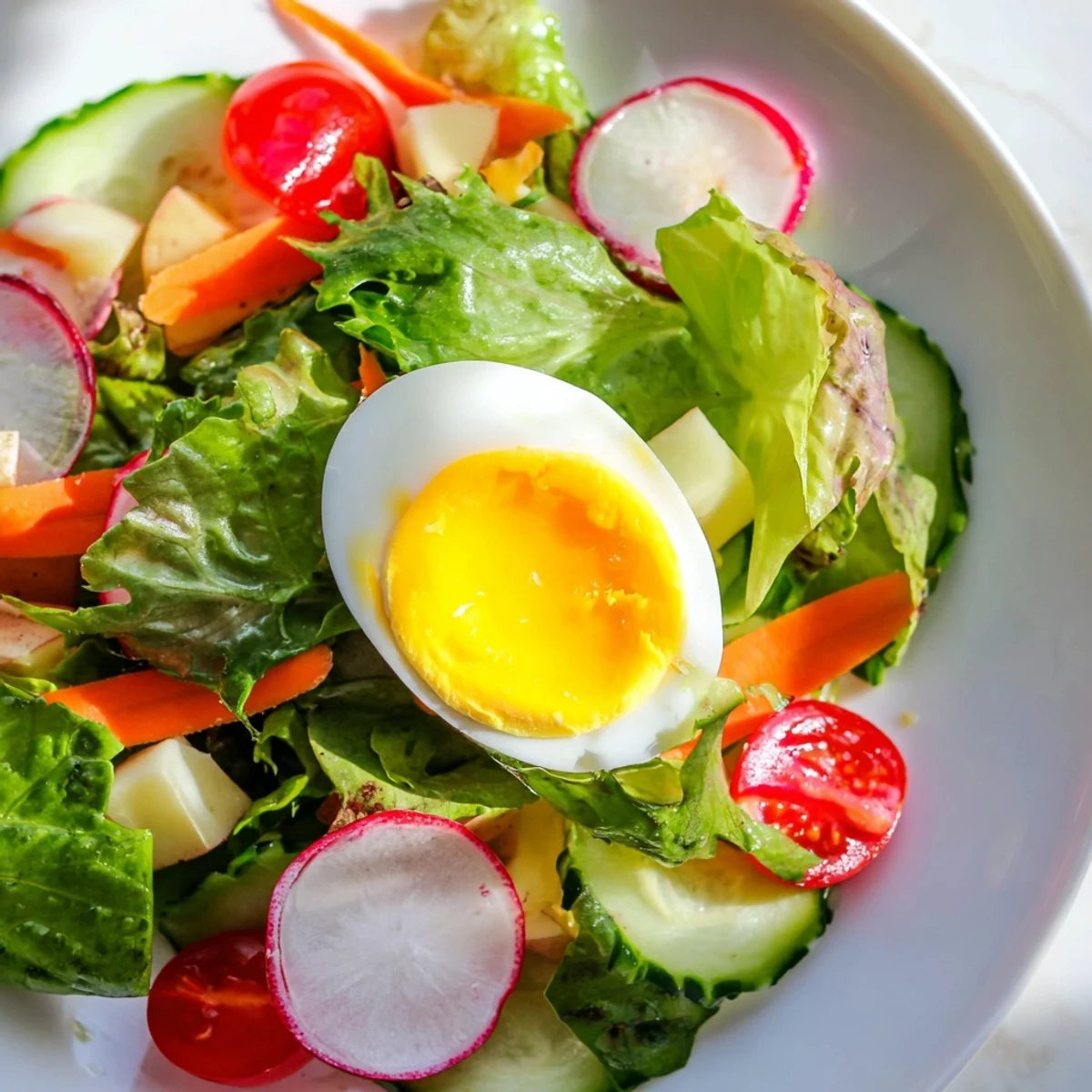 The Irish Pub Salad with Hard Boiled Eggs is tossed with crisp greens, baby potatoes, and a tangy apple cider vinaigrette.