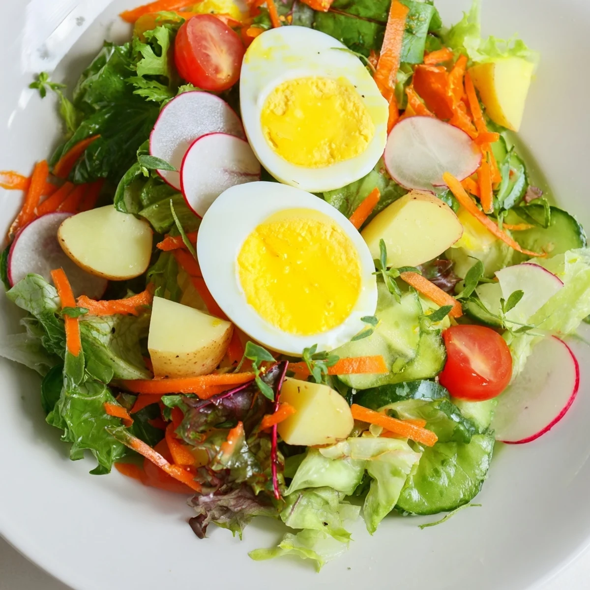 A hearty Irish Pub Salad with Hard Boiled Eggs is served with optional crusty bread cubes, ready to enjoy for lunch.