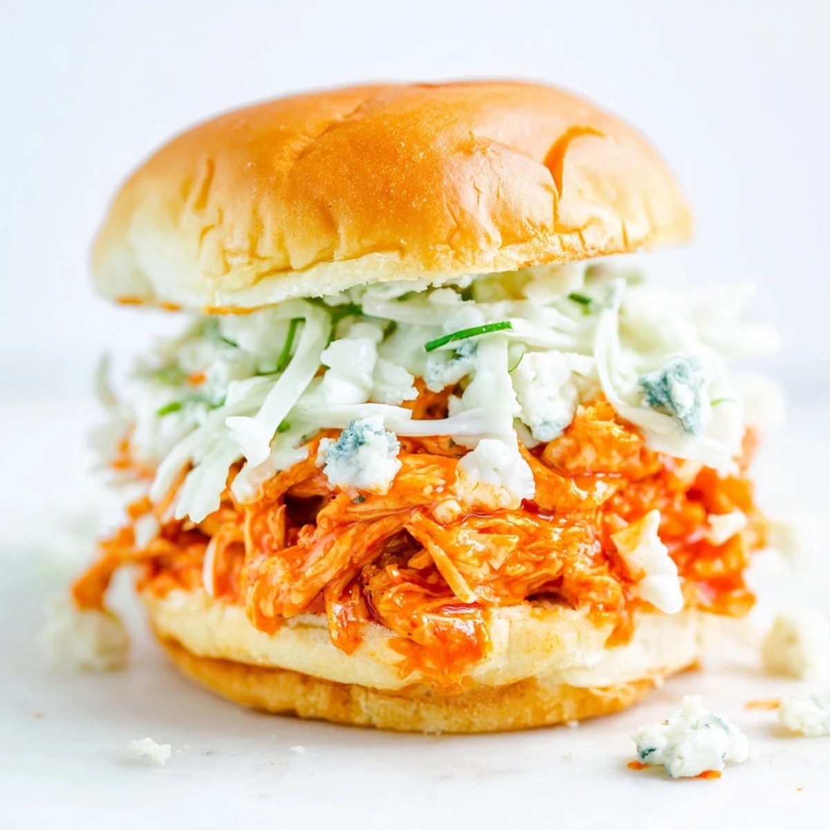 Golden-brown Super Bowl Buffalo Chicken Sliders with tender shredded chicken and creamy ranch slaw on soft brioche buns.