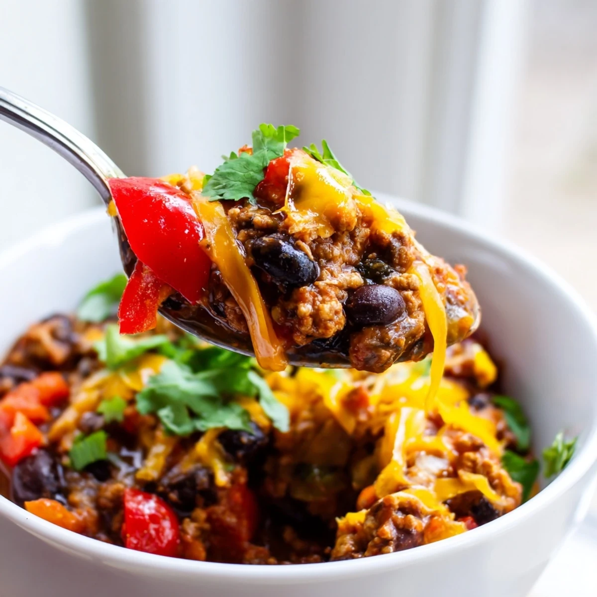 A steaming bowl of Turkey Chili with Black Beans garnished with shredded cheddar and cilantro.  