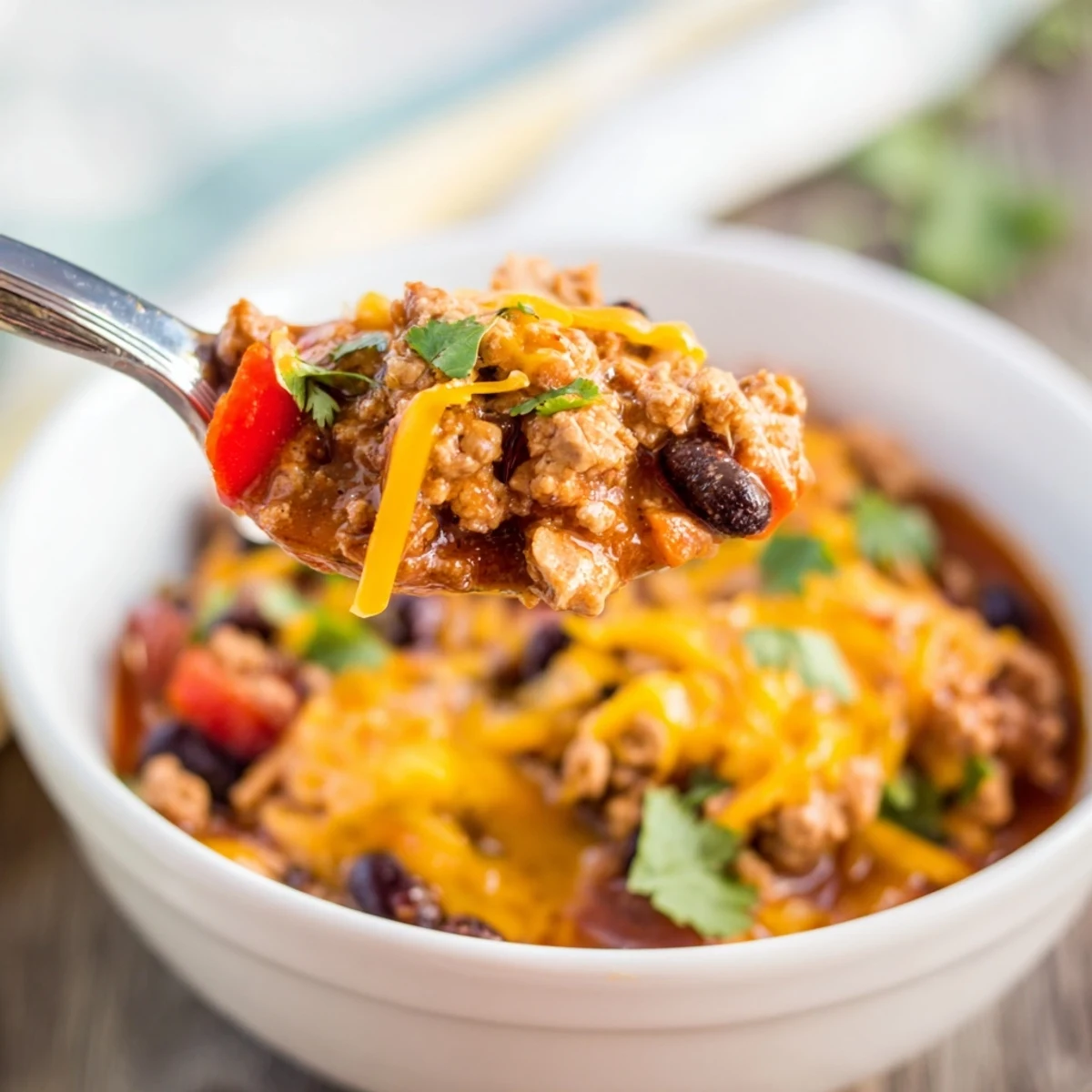 Hearty Turkey Chili with Black Beans served over a baked potato with a dollop of sour cream.  