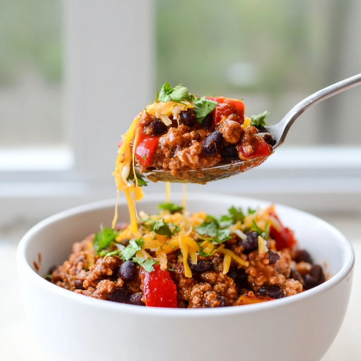 Turkey Chili with Black Beans simmering in a pot, revealing rich spices and tender ground turkey.