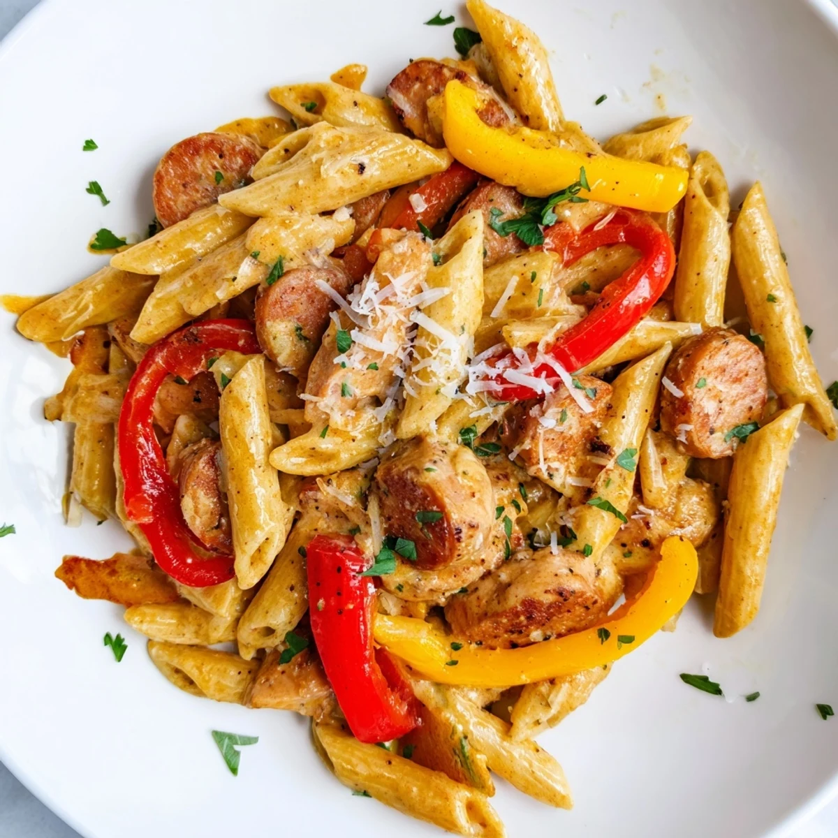 Mardi Gras Pasta with Cajun Sauce steaming in a skillet with creamy sauce, bell peppers, and golden chicken.