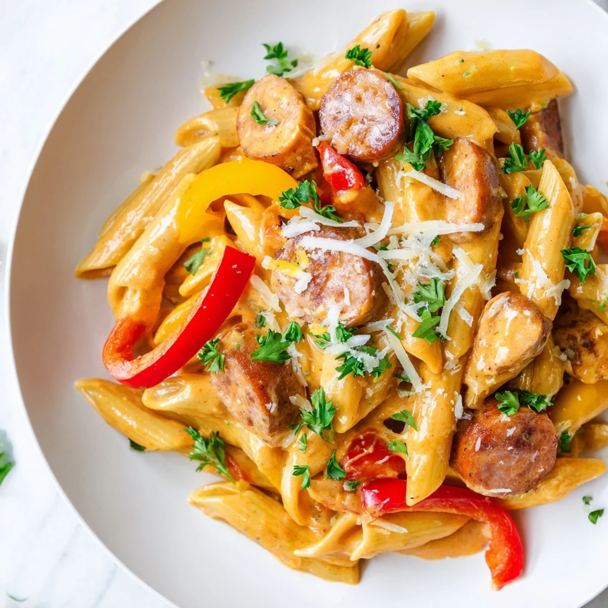 Savory Mardi Gras Pasta with Cajun Sauce plated with parsley and Parmesan, ready for a festive family dinner.