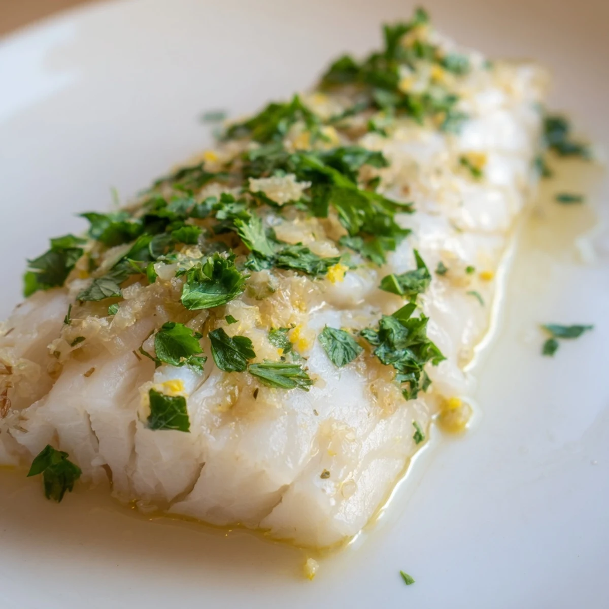 Flaky, tender Baked Cod with Garlic Butter and Parsley in a golden baking dish, ready for a weeknight dinner with lemon wedges.