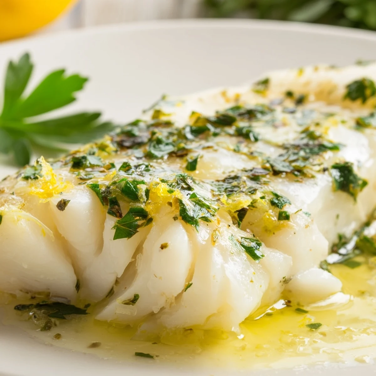 Golden-brown Baked Cod with Garlic Butter and Parsley, garnished with fresh herbs, served alongside colorful steamed vegetables for a complete meal.