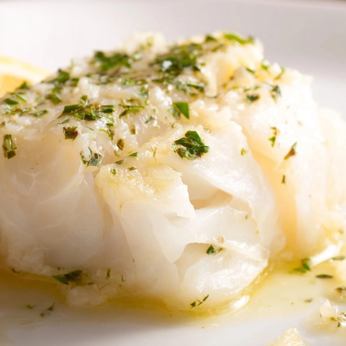 A close-up of Baked Cod with Garlic Butter and Parsley, highlighting the glossy sauce and delicate flakes, perfect for a gluten-free pescatarian dish.