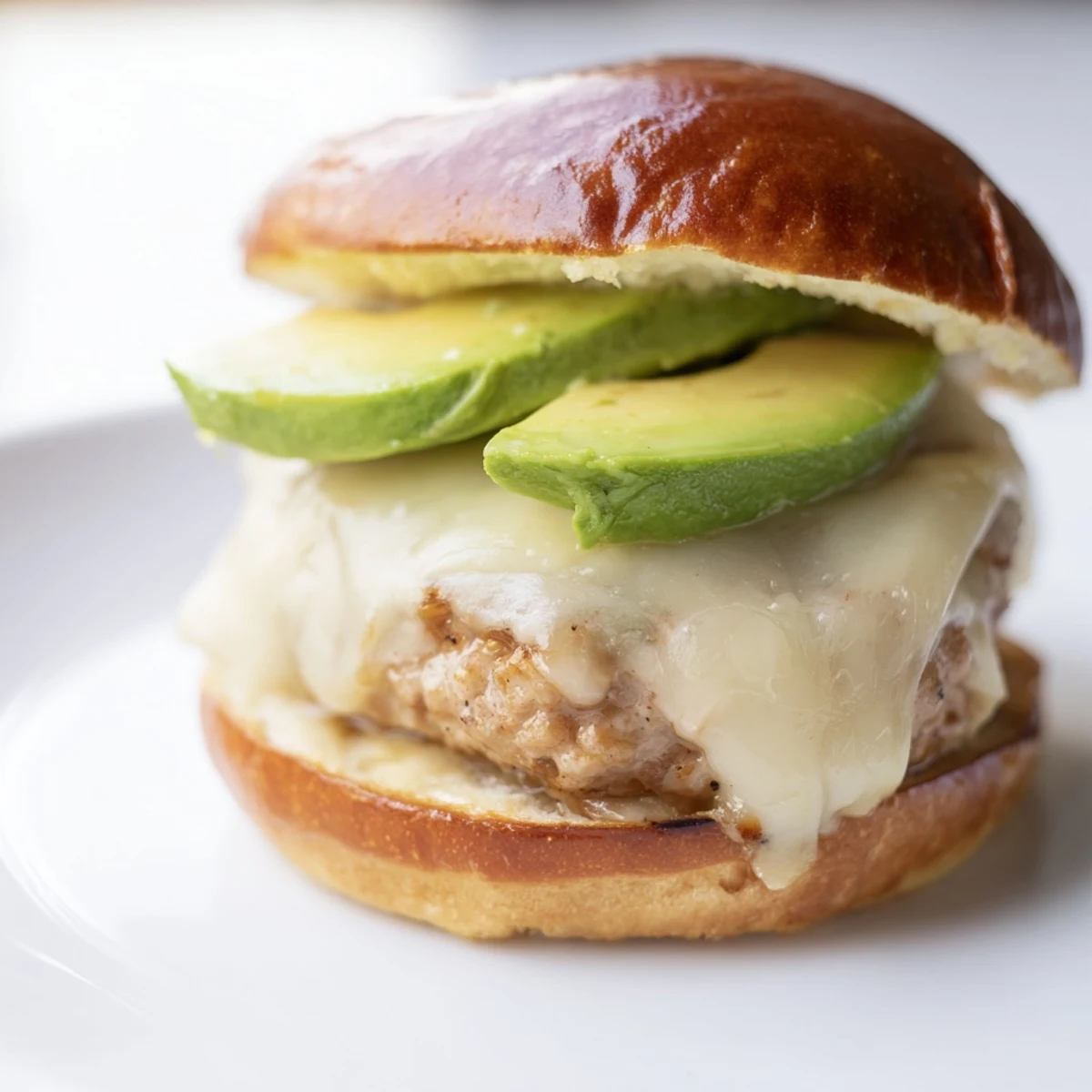 Close-up of a juicy turkey burger with Swiss cheese, avocado, and fresh arugula, served on a toasted bun ready to eat.  