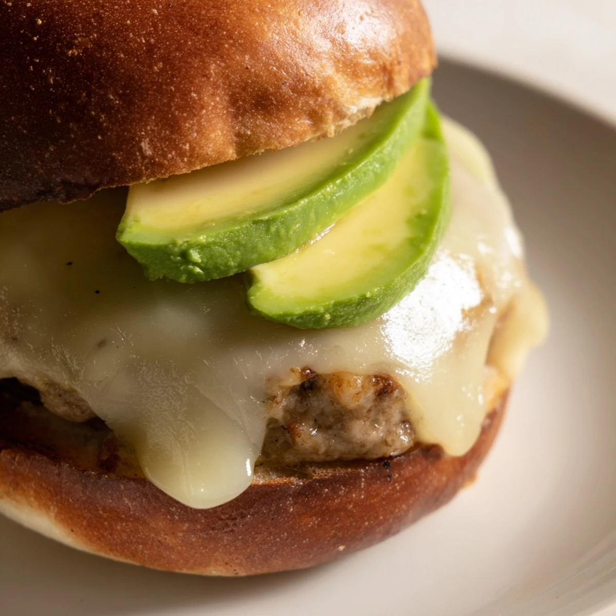 A wholesome homemade turkey burger with avocado, Swiss cheese, and red onion, served on a toasted bun with a side salad.