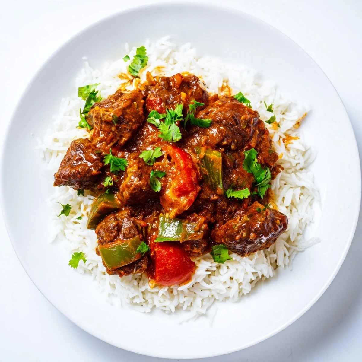 Steaming platter of tender Spicy Beef Curry with aromatic spices, served alongside fluffy white basmati rice.