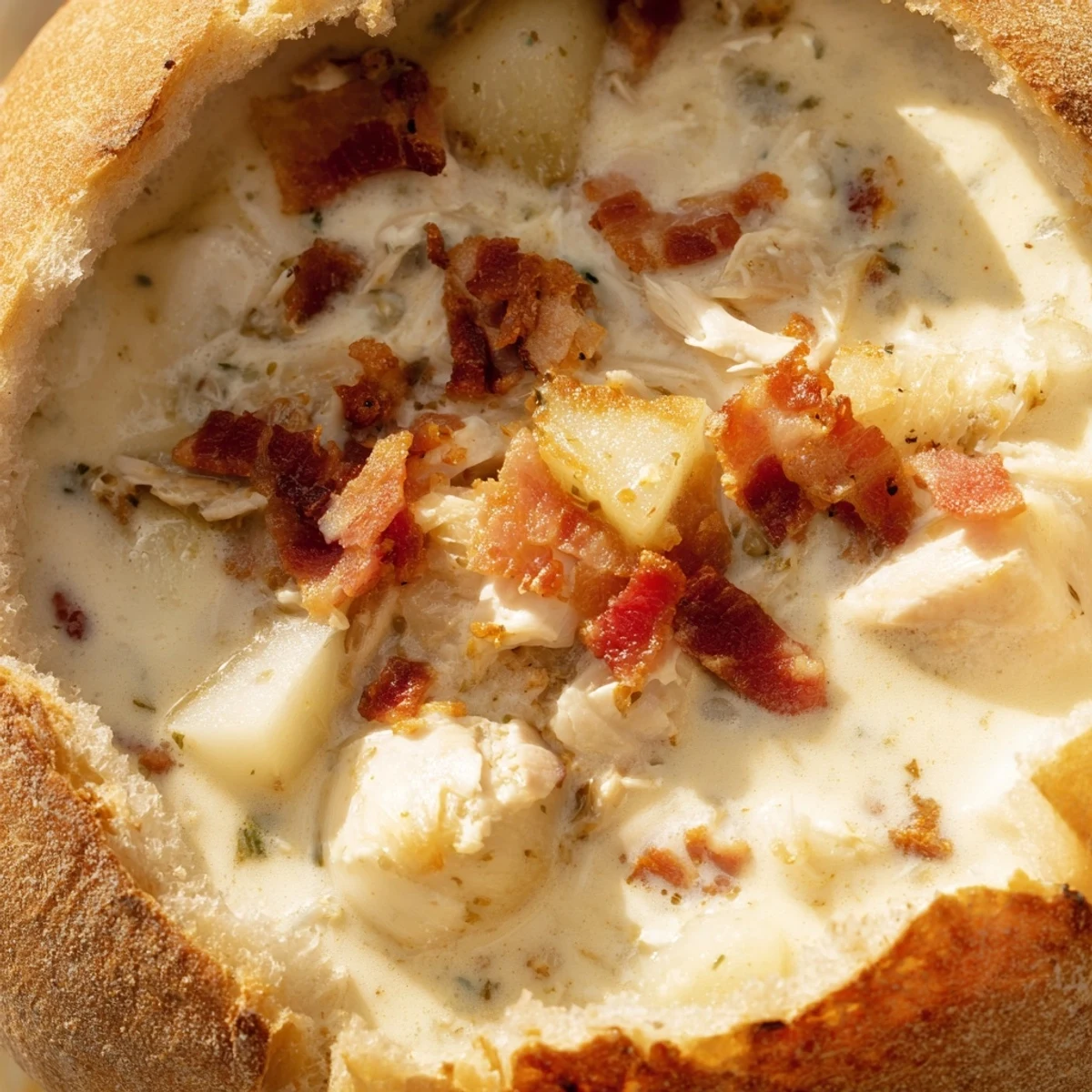 Steaming bowl of creamy clam chowder in sourdough bread bowl, filled with tender clams, potatoes, and crispy bacon bits.