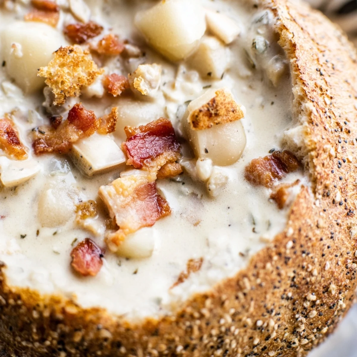 A warm, creamy New England clam chowder inside a hollowed sourdough bread bowl, garnished with fresh parsley.