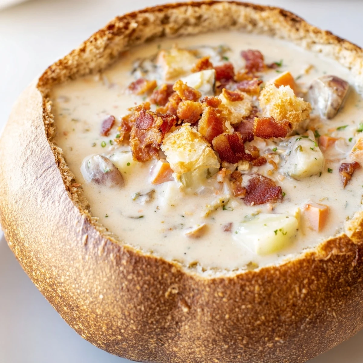 Serving suggestion for creamy clam chowder in sourdough bread bowl, with fresh parsley and a side of crackers.