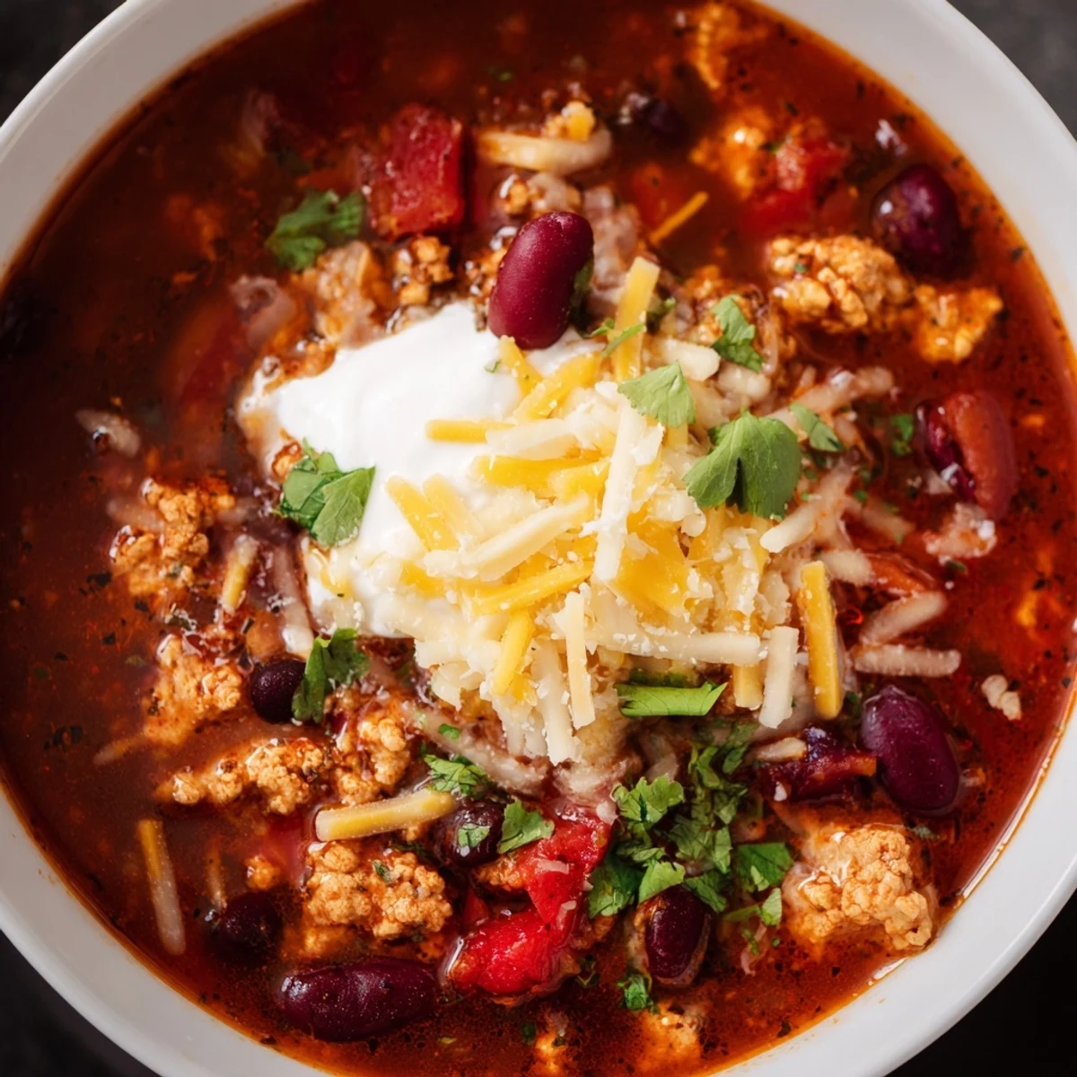 A steaming bowl of Turkey Chili Bowl with Crackers, featuring tender ground turkey, beans, and tomatoes, ready to be enjoyed.