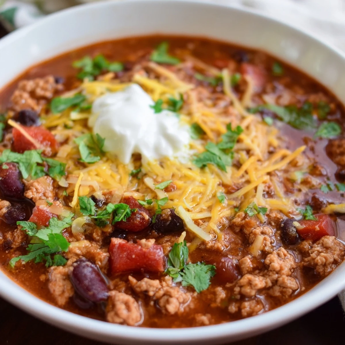 Savory Turkey Chili Bowl with Crackers featuring a rich, tomato-based broth and a side of crisp crackers for dipping into the hearty stew.