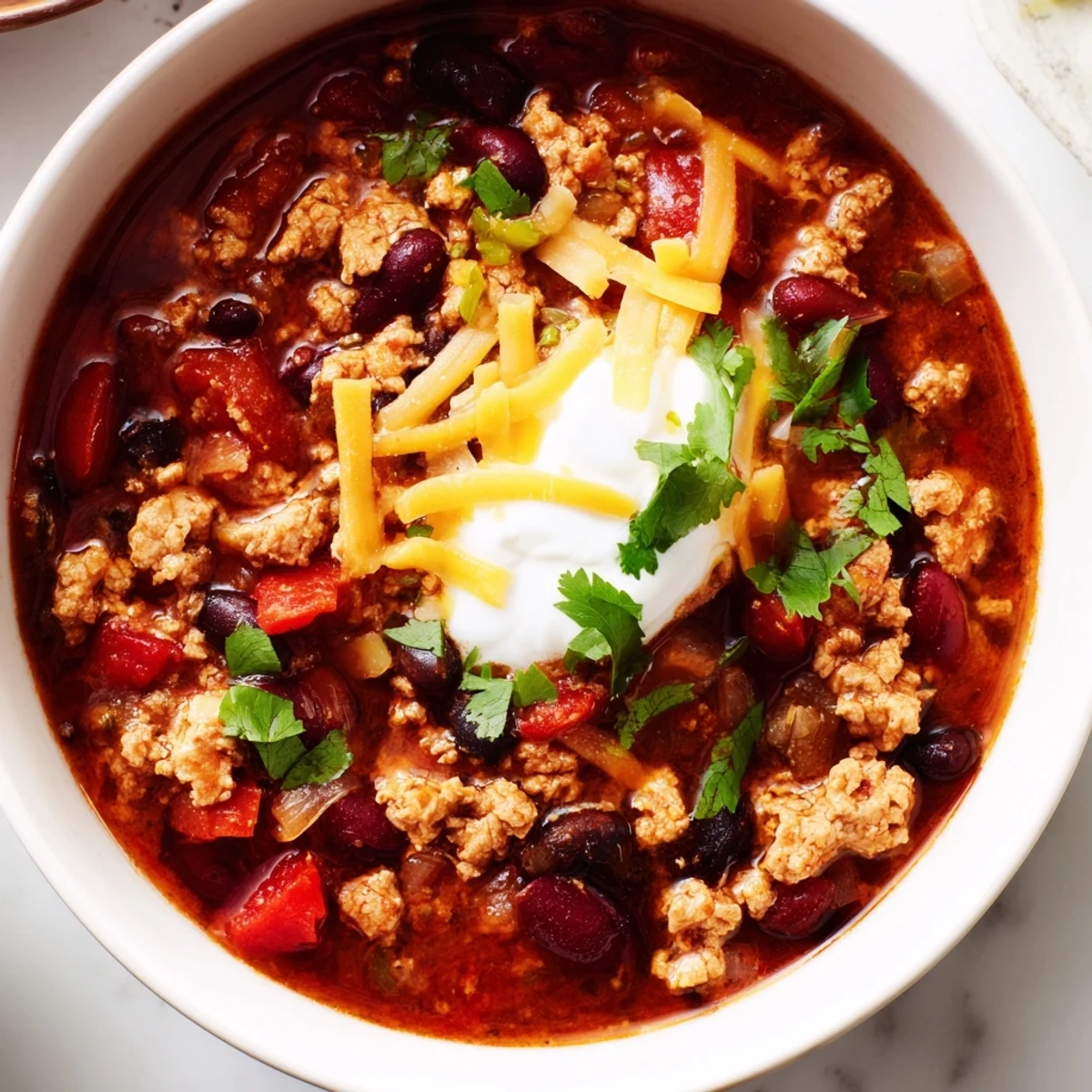 Turkey Chili Bowl with Crackers served hot in a rustic mug, garnished with cilantro and cheese, beside a stack of whole wheat crackers.