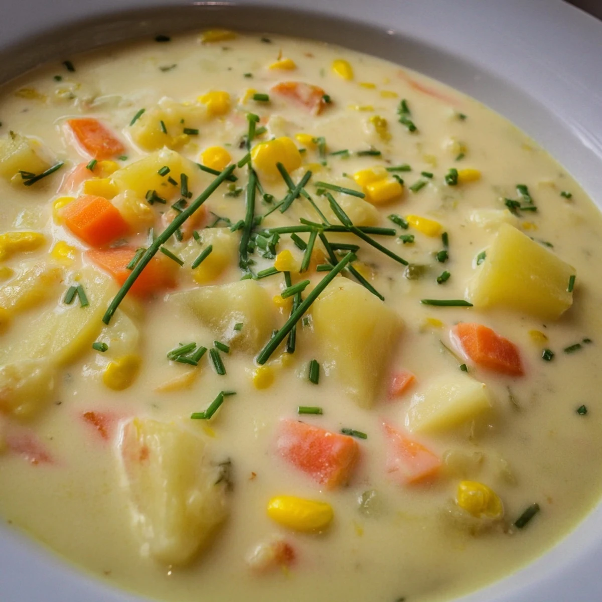 Steaming Creamy Chowder with Corn and Potato in a white bowl, featuring tender potato chunks, sweet yellow corn, and a velvety cream broth.  