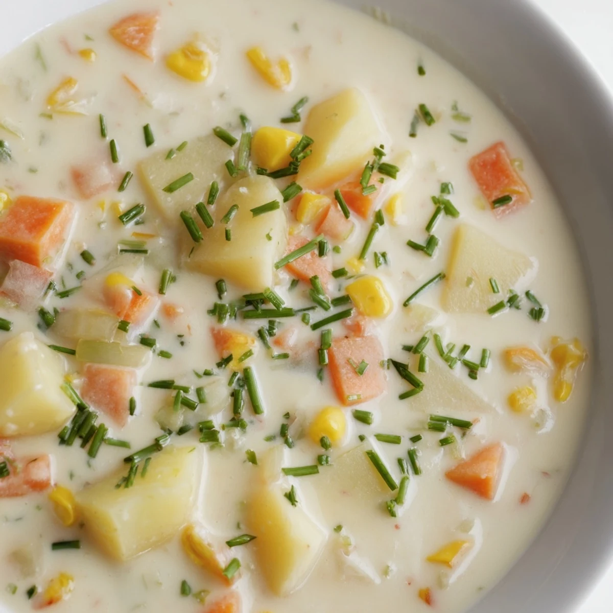 A comforting bowl of Creamy Chowder with Corn and Potato, garnished with fresh chives and a sprinkle of paprika, served warm in a rustic mug.  