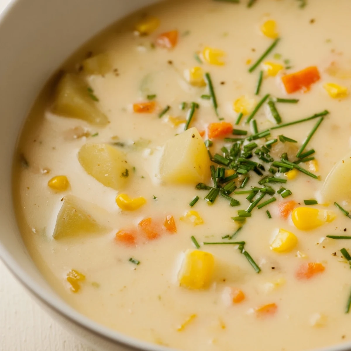 Close-up of Creamy Chowder with Corn and Potato, rich with diced carrots and celery, ready to serve with oyster crackers on the side.