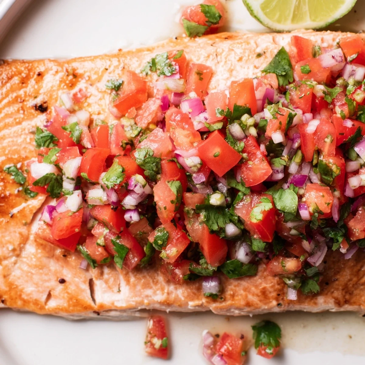 Golden-baked salmon fillets topped with fresh, zesty salsa fresca on a white plate with lime wedges and cilantro garnish.