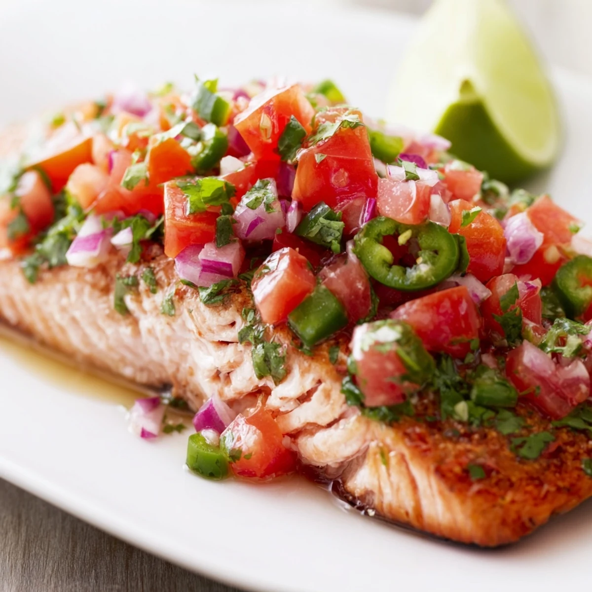Vibrant baked salmon salsa fresca recipe showcases tender pink fish with colorful diced tomatoes and onions for a healthy main course.