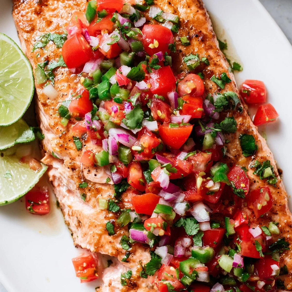 Savory oven-baked salmon fillets with lime-infused salsa fresca served alongside a crisp green salad and steamed quinoa for dinner.