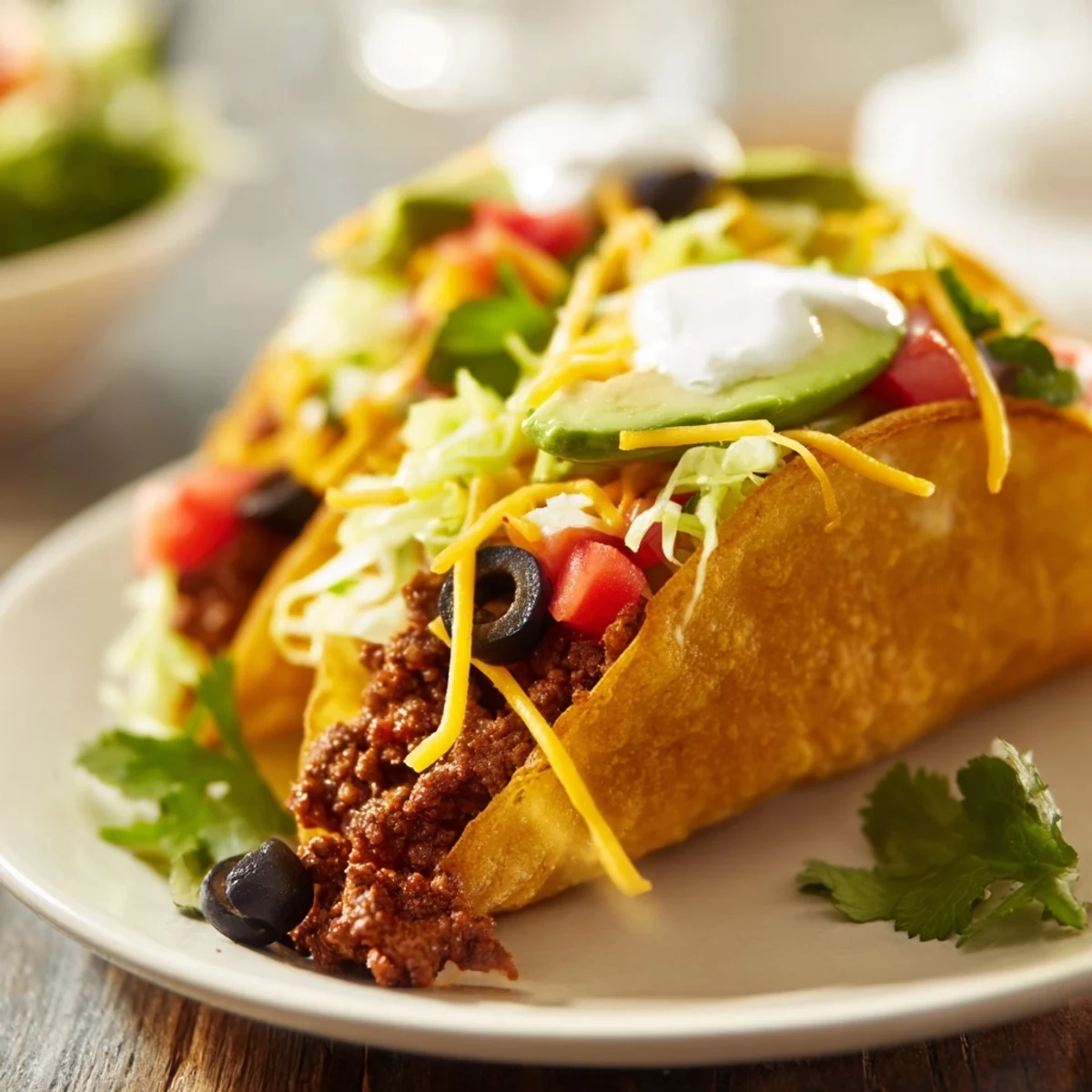 Crisp hard taco shells filled with seasoned ground beef, melted cheddar, fresh lettuce, and creamy avocado slices.