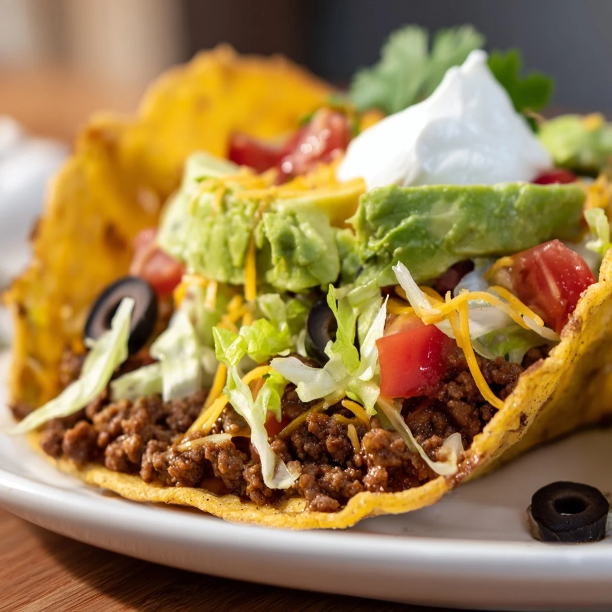 Golden hard shells filled with spicy beef, diced tomatoes, sour cream, and black olives for a classic taco night spread.