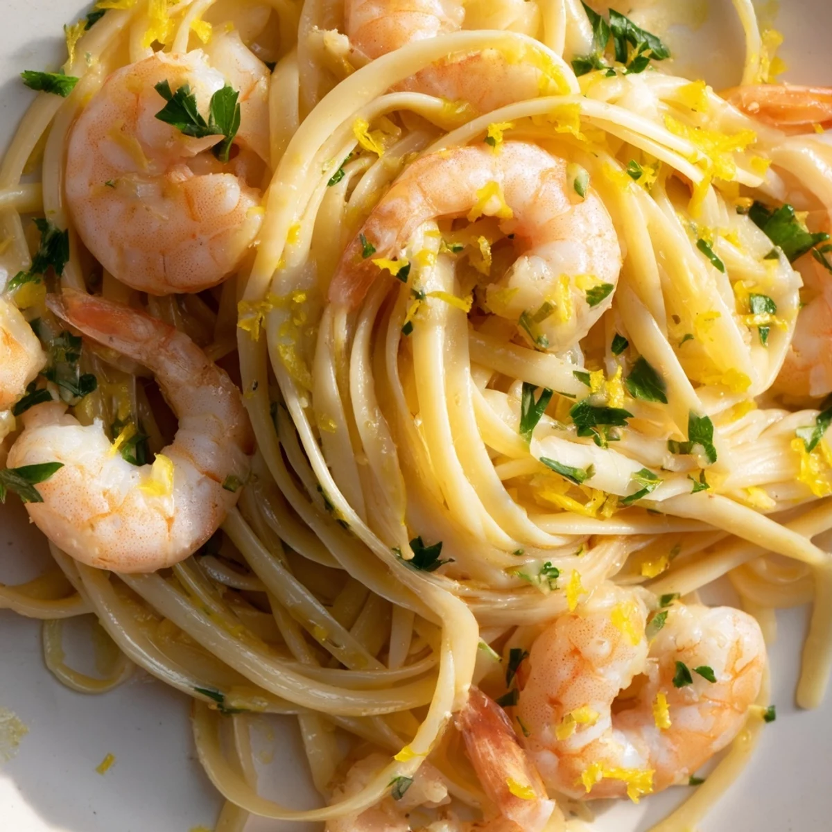 A close-up of Lemon Shrimp Pasta with Garlic, featuring plump pink shrimp tangled in linguine with bright lemon zest and fresh parsley.
