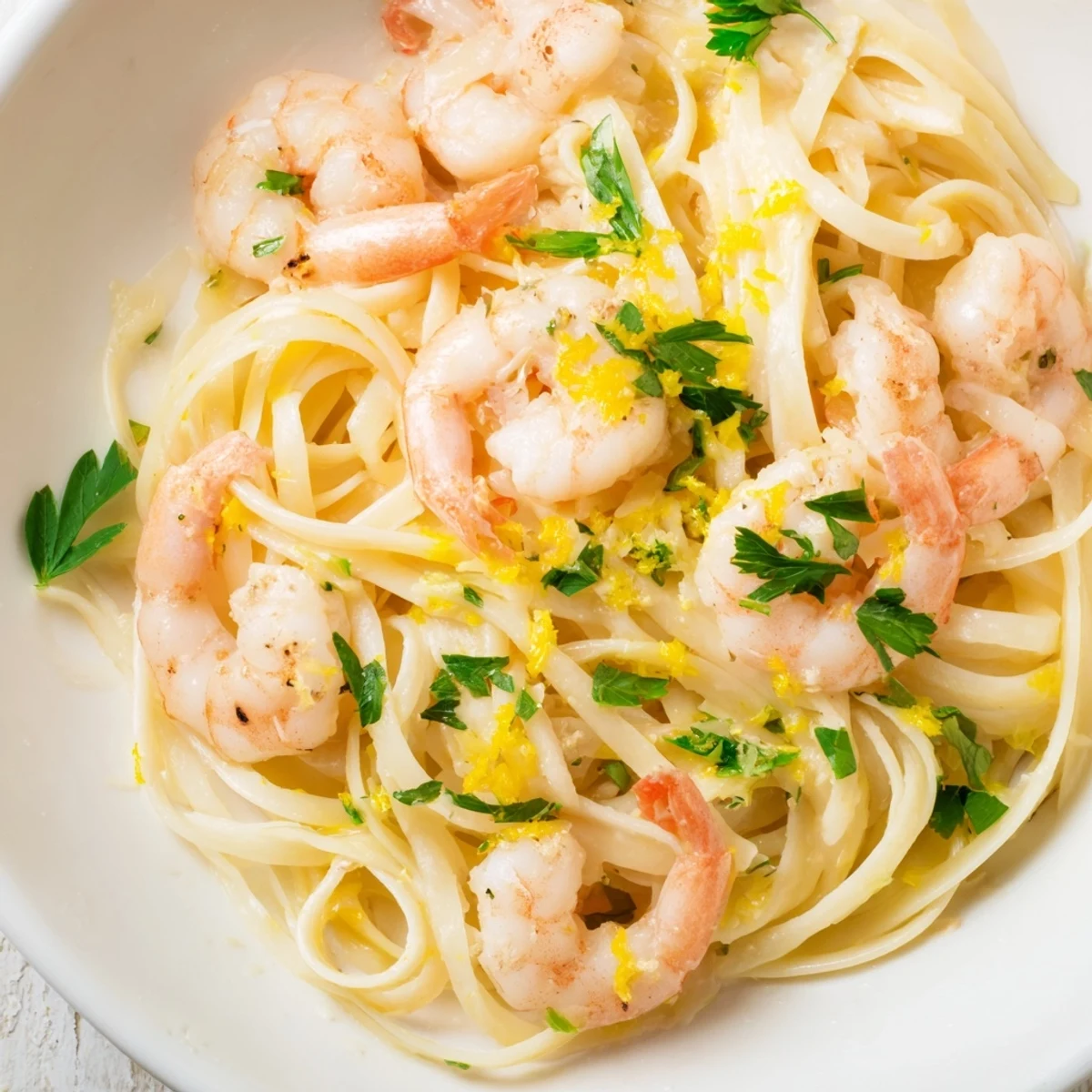 Steaming Lemon Shrimp Pasta with Garlic served on a white plate, topped with grated Parmesan and a drizzle of olive oil for a quick dinner.