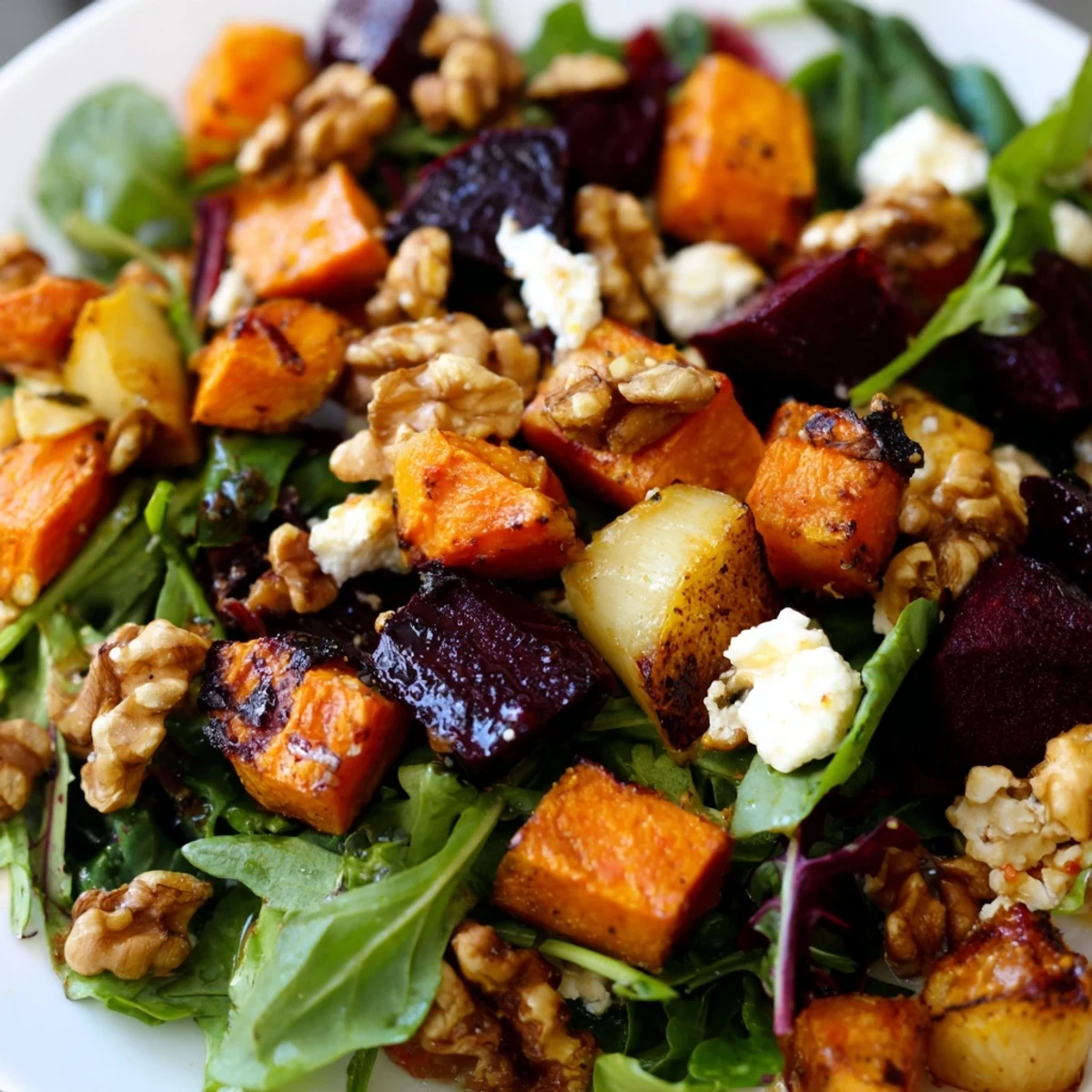 Roasted Root Vegetable Salad with caramelized carrots, parsnips, and sweet potatoes tossed over fresh arugula.