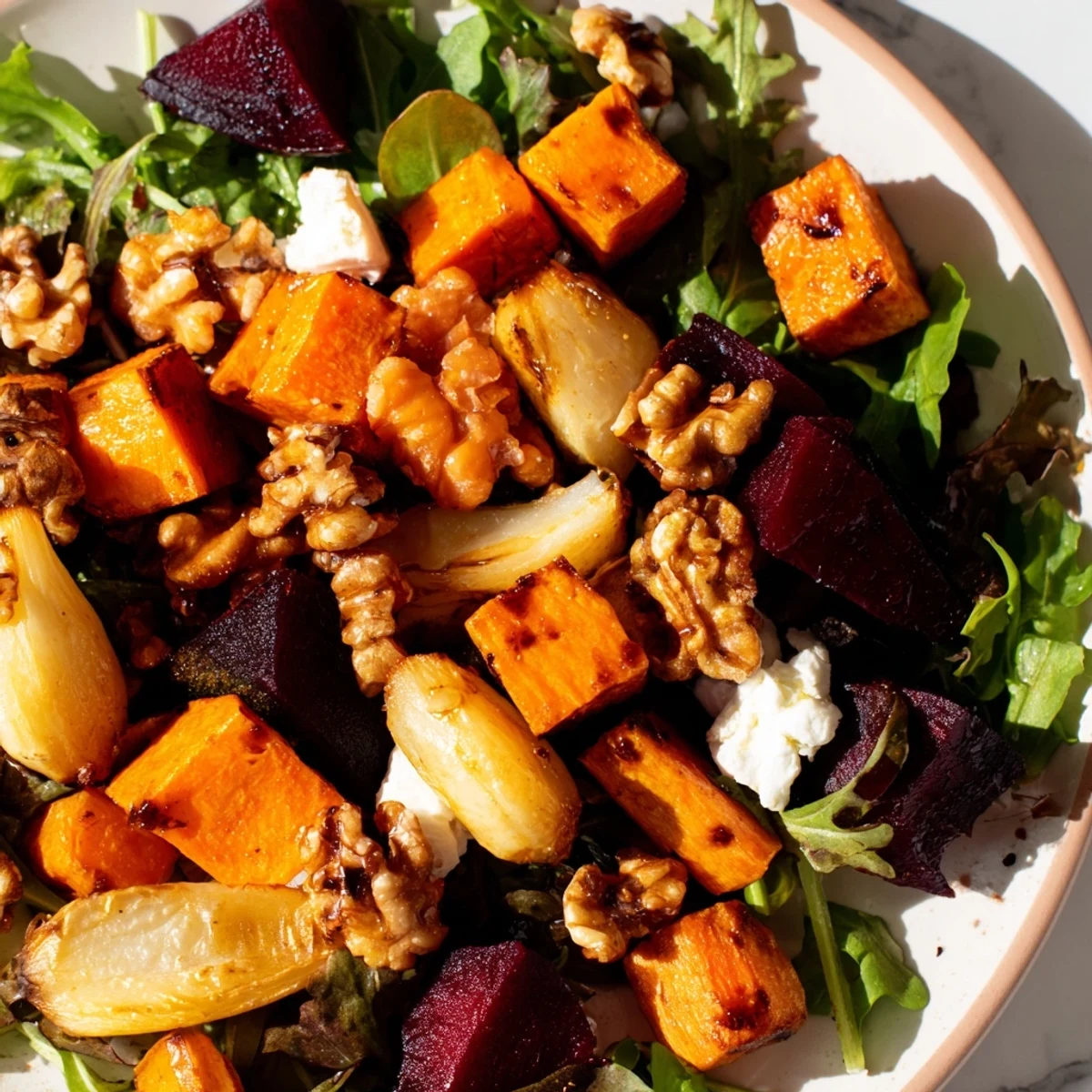 A vibrant Roasted Root Vegetable Salad topped with crumbled feta and crunchy toasted walnuts for texture.
