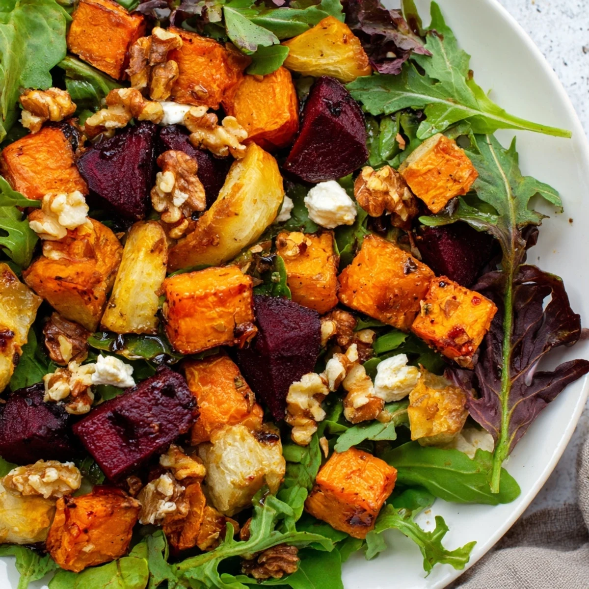 Hearty Roasted Root Vegetable Salad drizzled with tangy balsamic vinaigrette, served as a warm, autumn-inspired side.