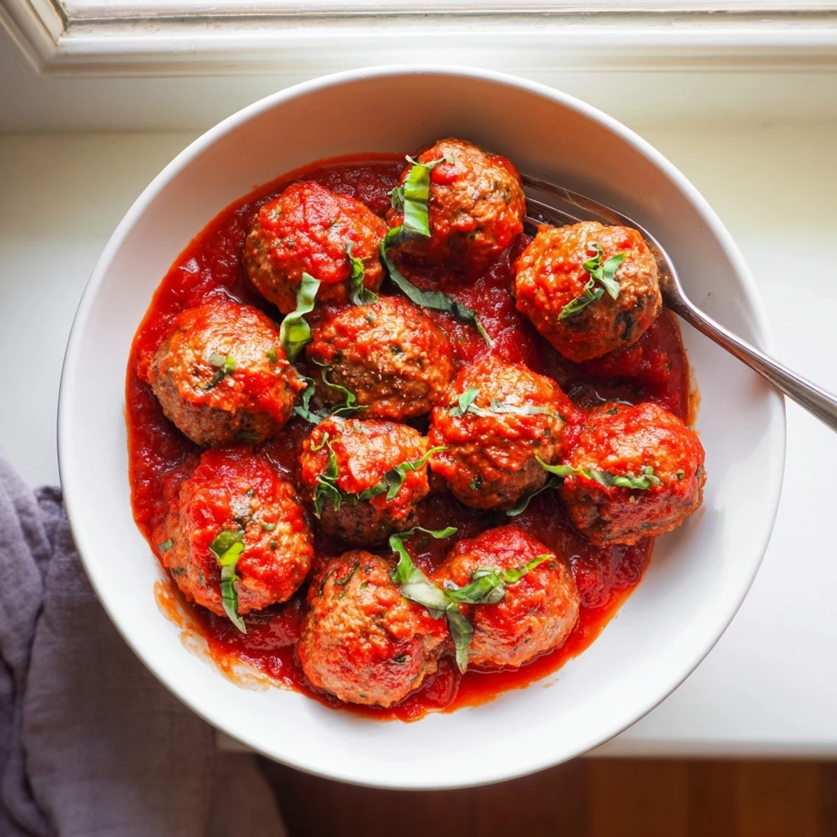 Golden-brown turkey meatballs with marinara simmering in a deep skillet, garnished with fresh parsley and served over spaghetti.