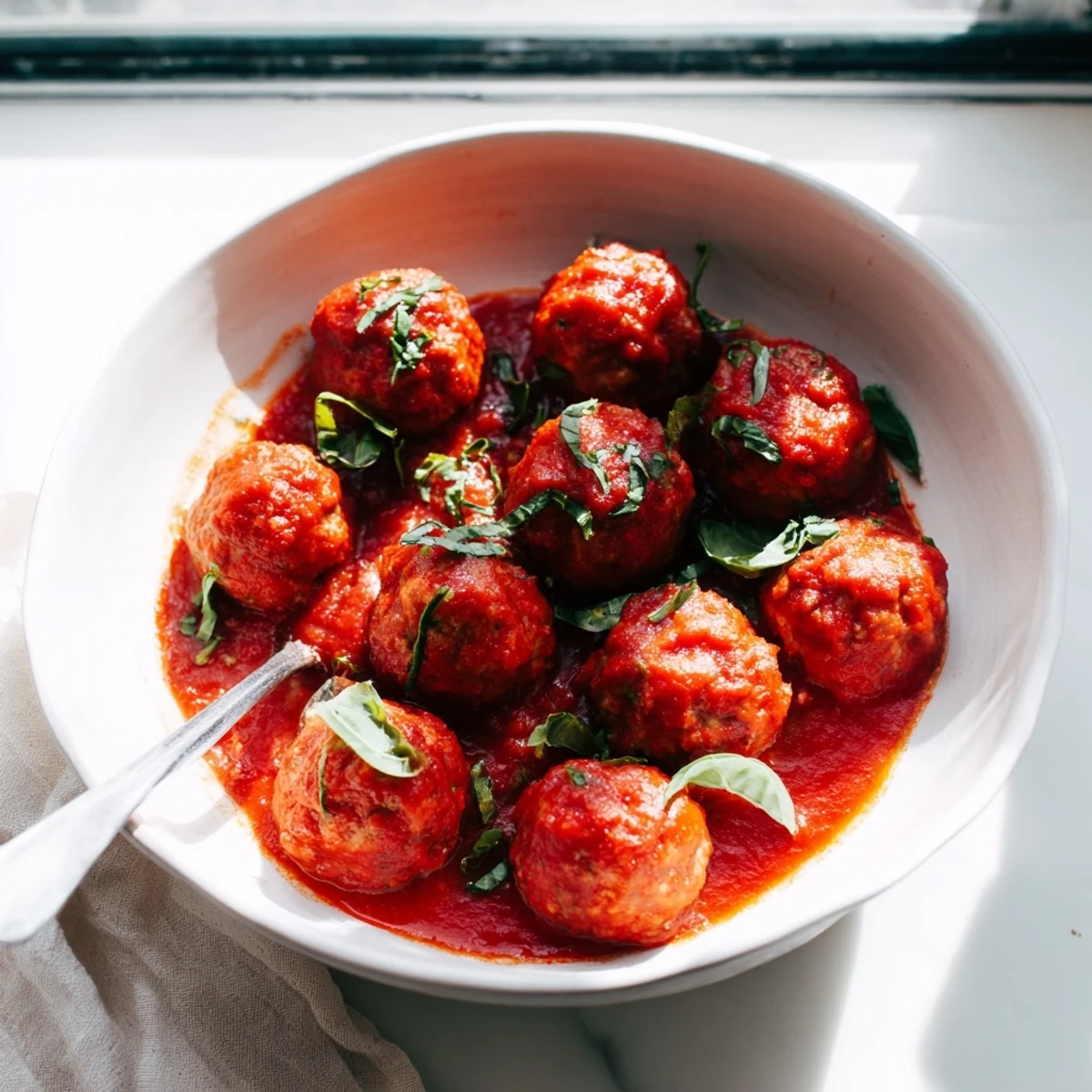 Freshly cooked turkey meatballs resting in a steaming pot of marinara, topped with grated Parmesan and a sprig of basil.