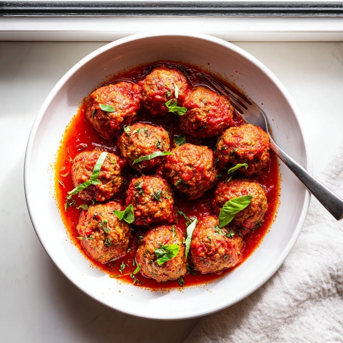 Tender turkey meatballs coated in rich, garlicky marinara sauce, served family-style with crusty bread for dipping on the side.