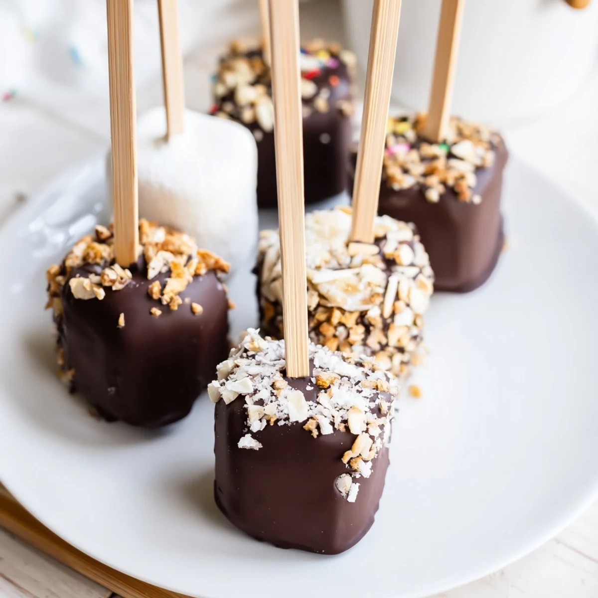 Fluffy marshmallows dipped in glossy, melted chocolate, topped with chopped nuts, sprinkles, or shredded coconut.