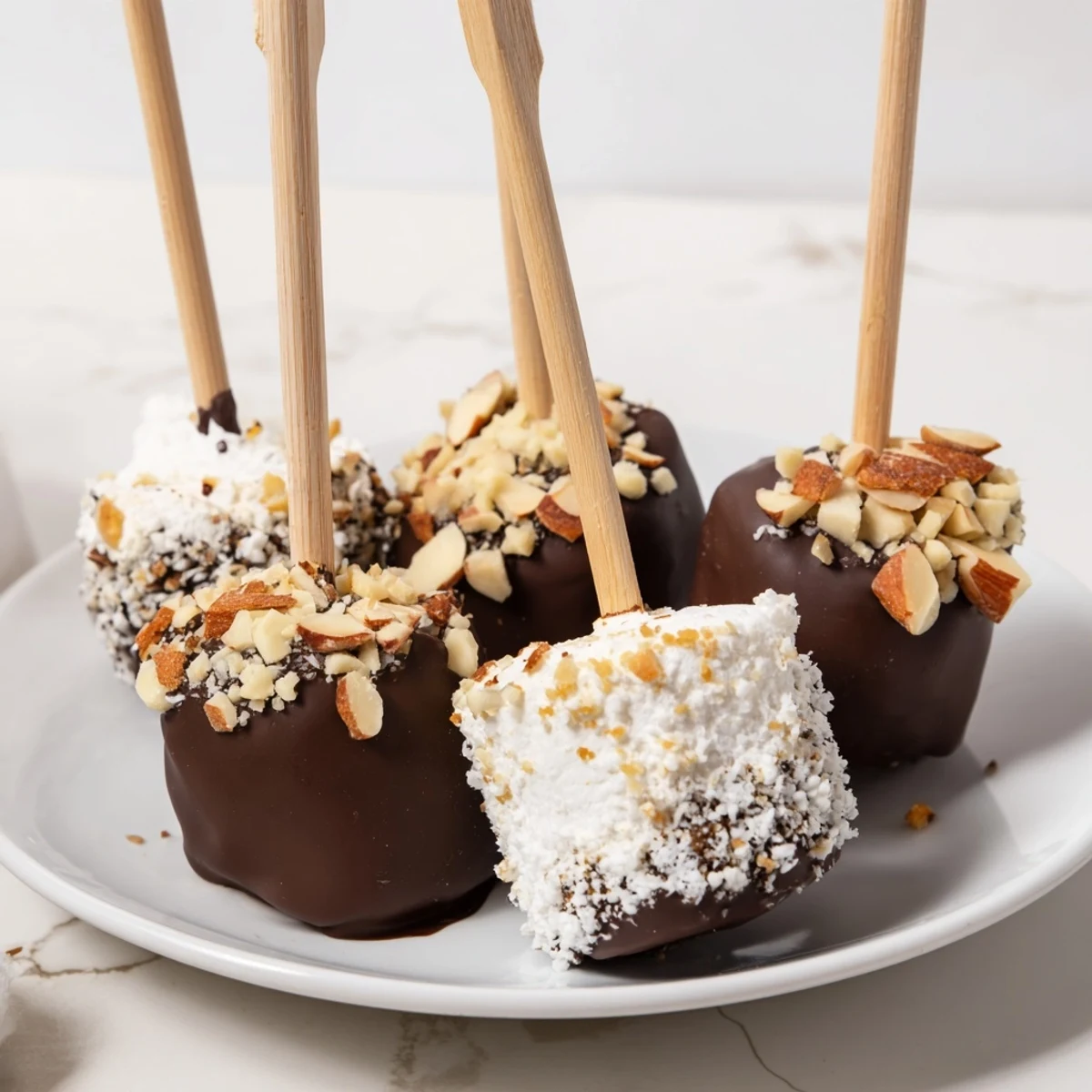 Glistening chocolate-dipped marshmallows on a stick, ready for gifting or a festive dessert table.