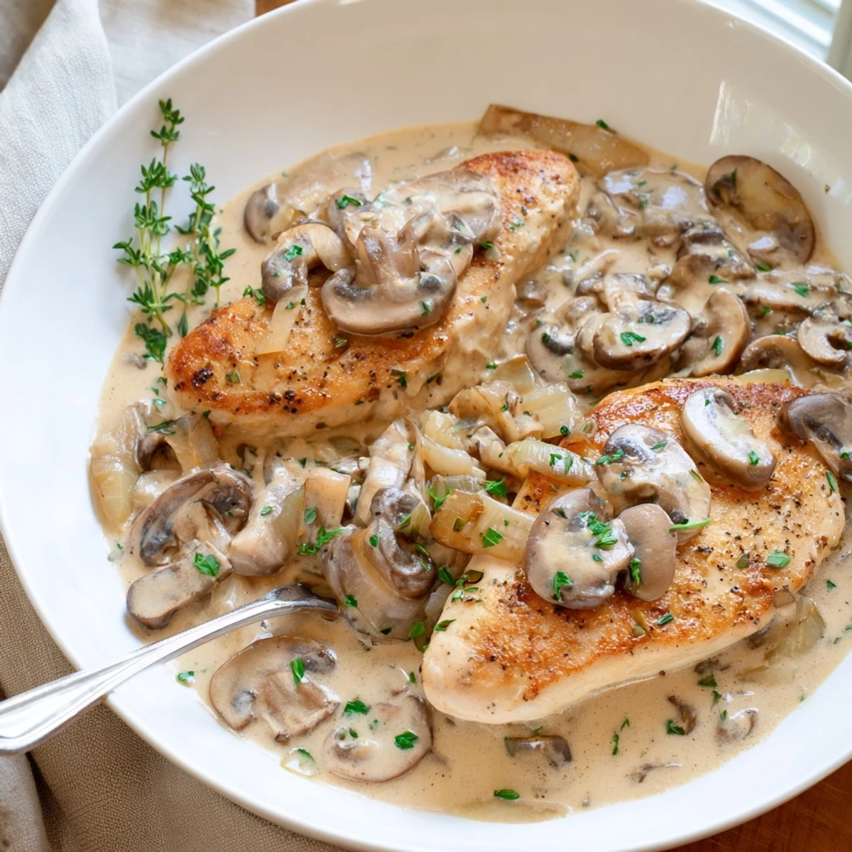Golden-brown chicken breasts nestled in a creamy mushroom sauce, garnished with fresh parsley and served alongside mashed potatoes.  