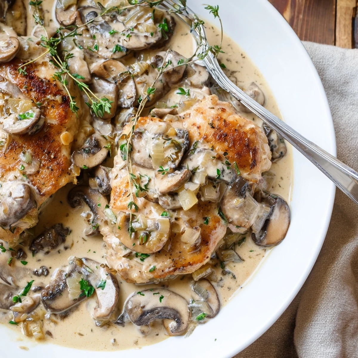 A close-up of seared chicken simmering in a garlicky, thyme-infused mushroom cream sauce in a rustic skillet.  