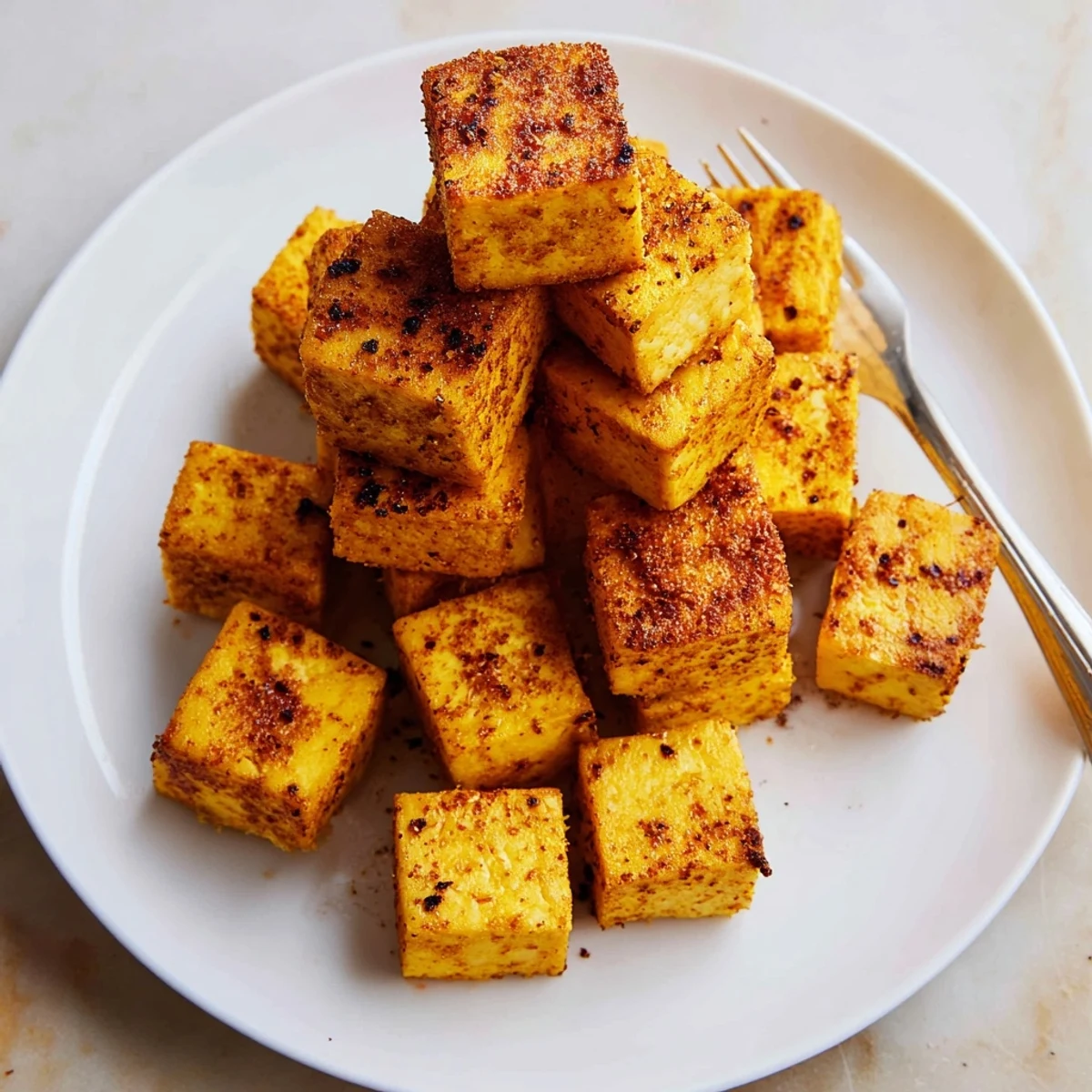Crispy Air Fryer Tofu cubes feature a golden, crunchy exterior and tender interior, served hot with a dipping sauce.
