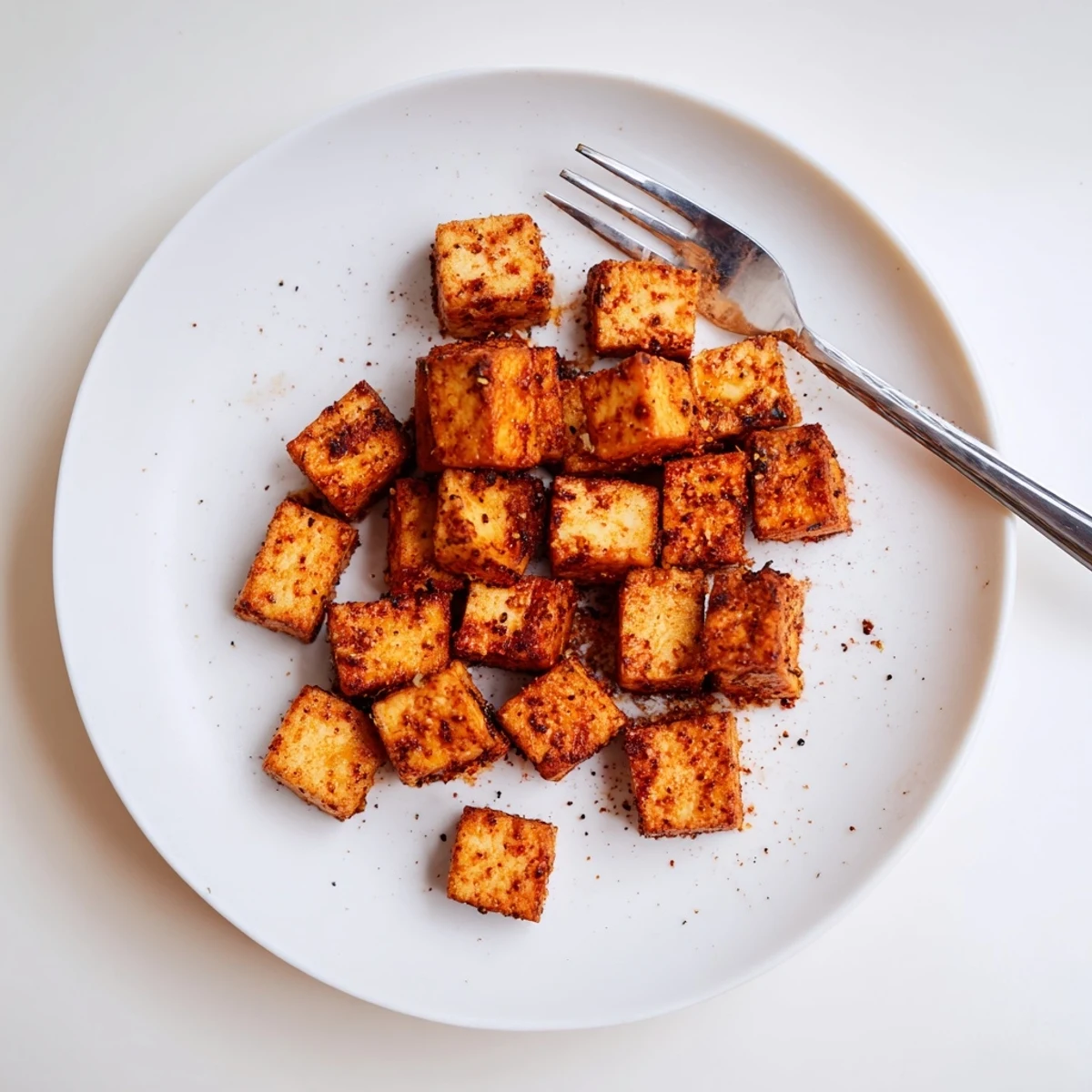 Freshly cooked Crispy Air Fryer Tofu resting on a plate, showcasing its crisp texture and savory seasoning.
