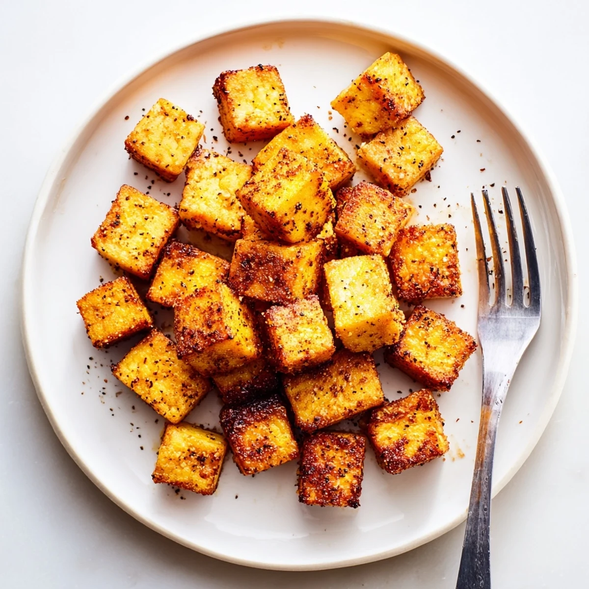 Golden-brown Crispy Air Fryer Tofu seasoned with soy sauce and sesame oil, perfect over a fresh salad.