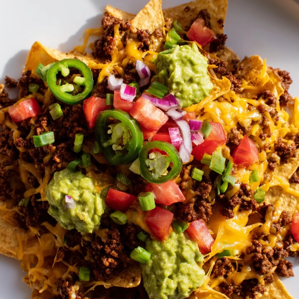 A close-up of crispy Beef Nachos with Guacamole, featuring seasoned beef and a cooling dollop of guacamole.