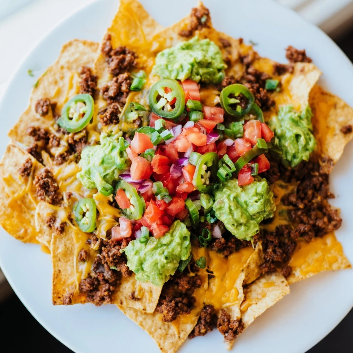 Golden Beef Nachos with Guacamole piled high with melted cheese and fresh avocado slices, a Tex-Mex feast.