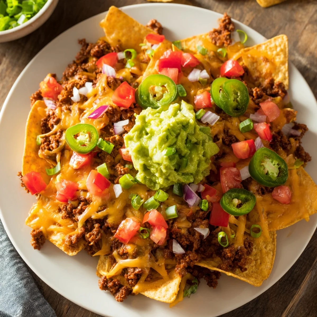 Beef Nachos with Guacamole served hot from the oven, topped with tomatoes and jalapeños for a festive appetizer.